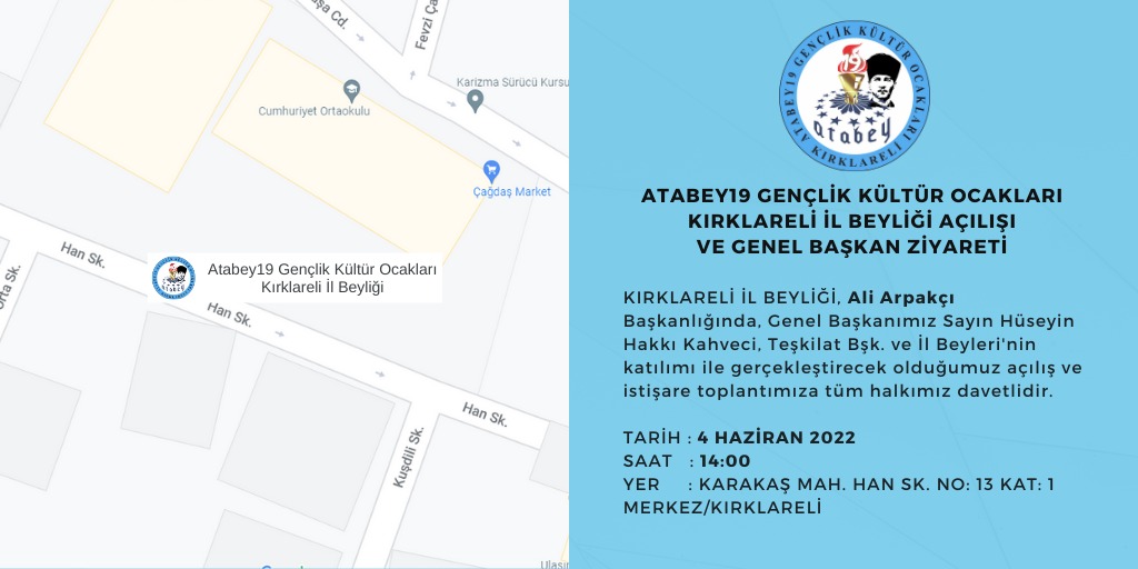 Atabey19 Gençlik Kültür Ocakları Kırklareli İl Beyliği Açılışı ve Genel Başkan Ziyareti